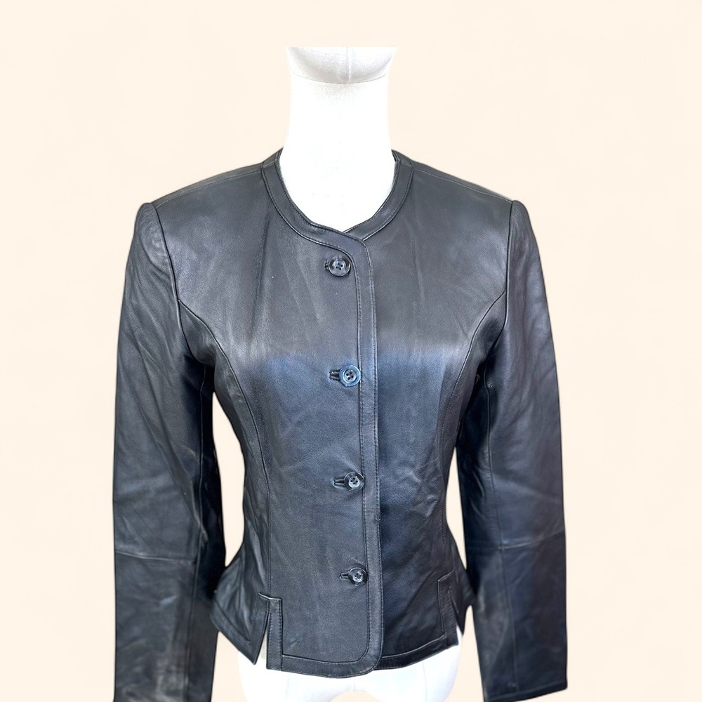 Tristan & Iseut Black Leather Jacket Womens S Button Front Fitted‎ Blazer